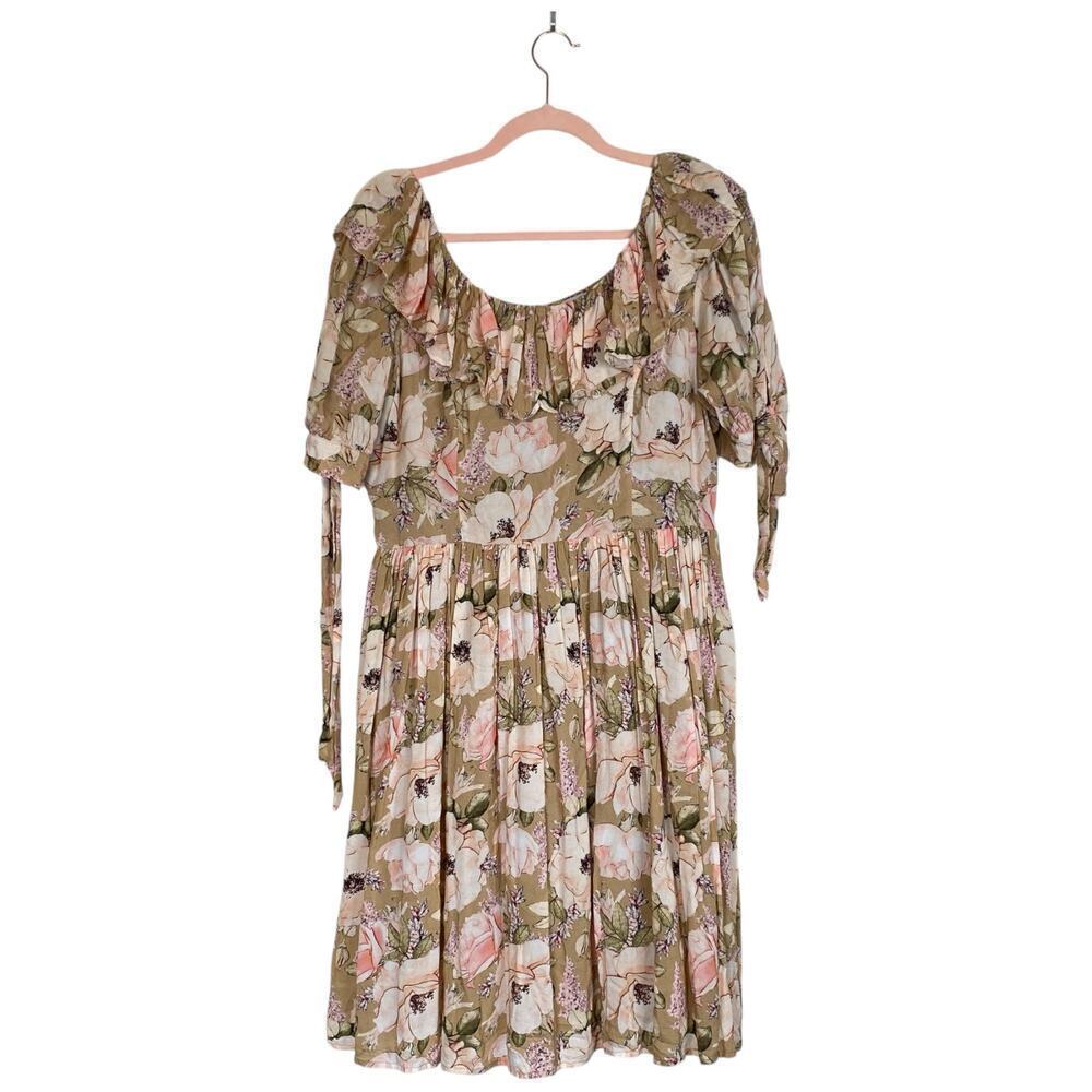 IVY CITY CO Tan Floral Mini Dress Ruffle Cottagecore Boho Fairy Size Large